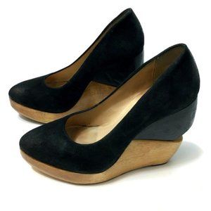ALL SAINTS Kalman Black Suede Cut-Out Wood Wedges
